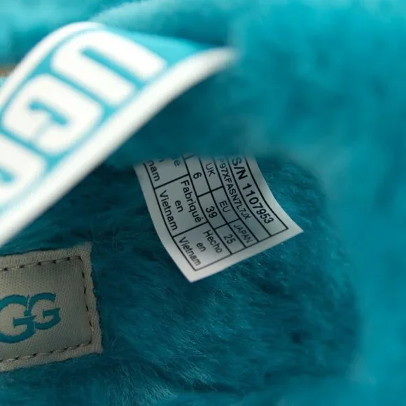 UGG Fluff Oh Yea Aqua Blue Sheepskin Fur Slippers Slides Sandals NIB - Picture 7 of 11